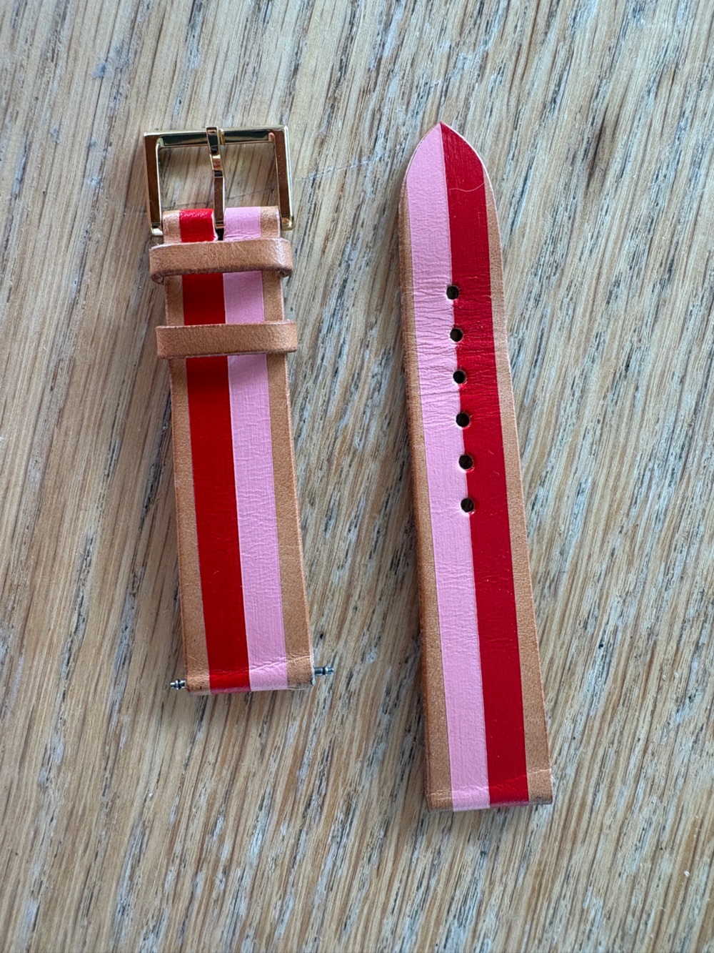 La Californienne Striped Pink & Red Leather Watch Strap with Tan Edges